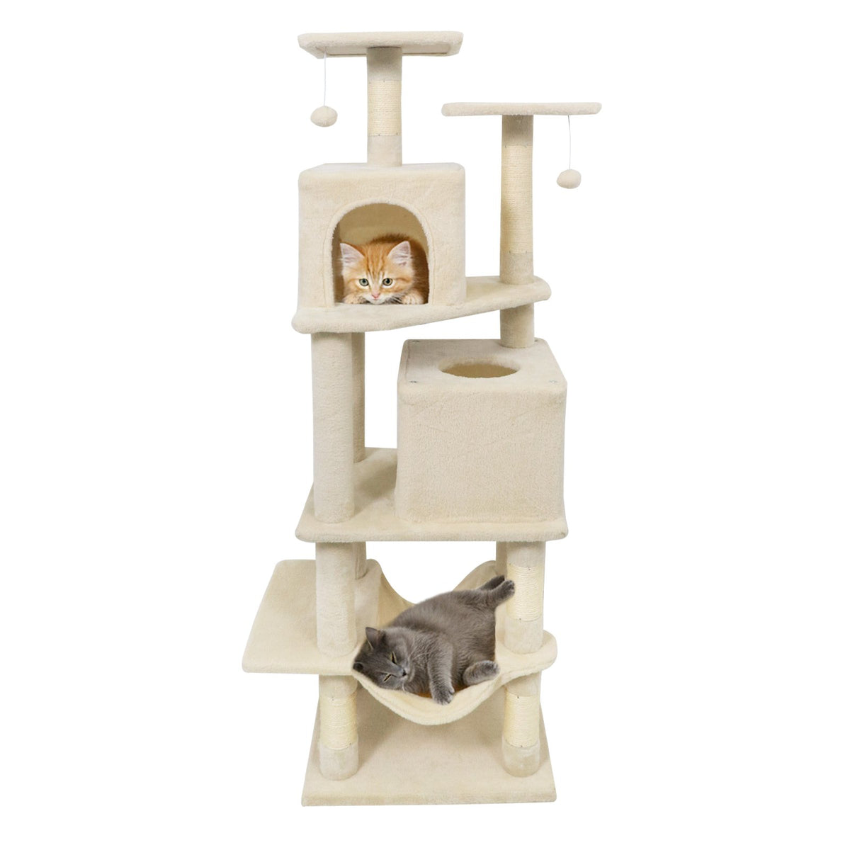 57 Inch Cat Tree with Dual Condos and Hammock and 2 Dangling Balls-Beige view 4