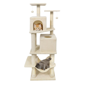 57 Inch Cat Tree with Dual Condos and Hammock and 2 Dangling Balls-Beige view 4