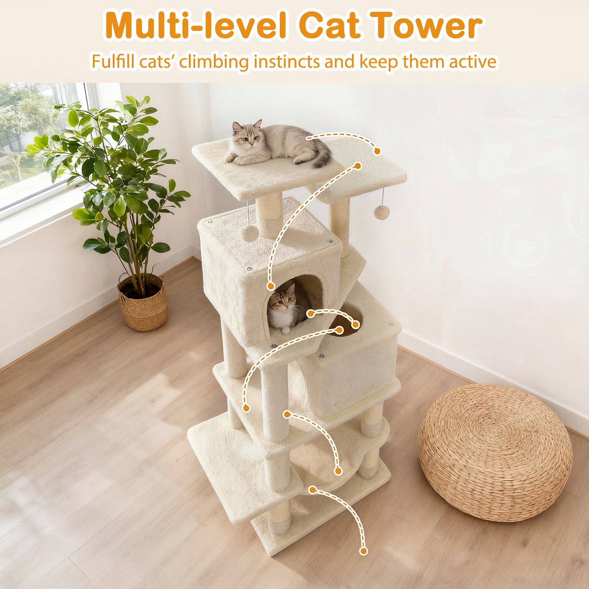 57 Inch Cat Tree with Dual Condos and Hammock and 2 Dangling Balls-Beige view 6