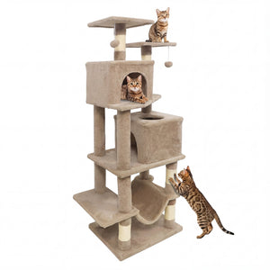 57 Inch Cat Tree with Dual Condos and Hammock and 2 Dangling Balls-Coffee