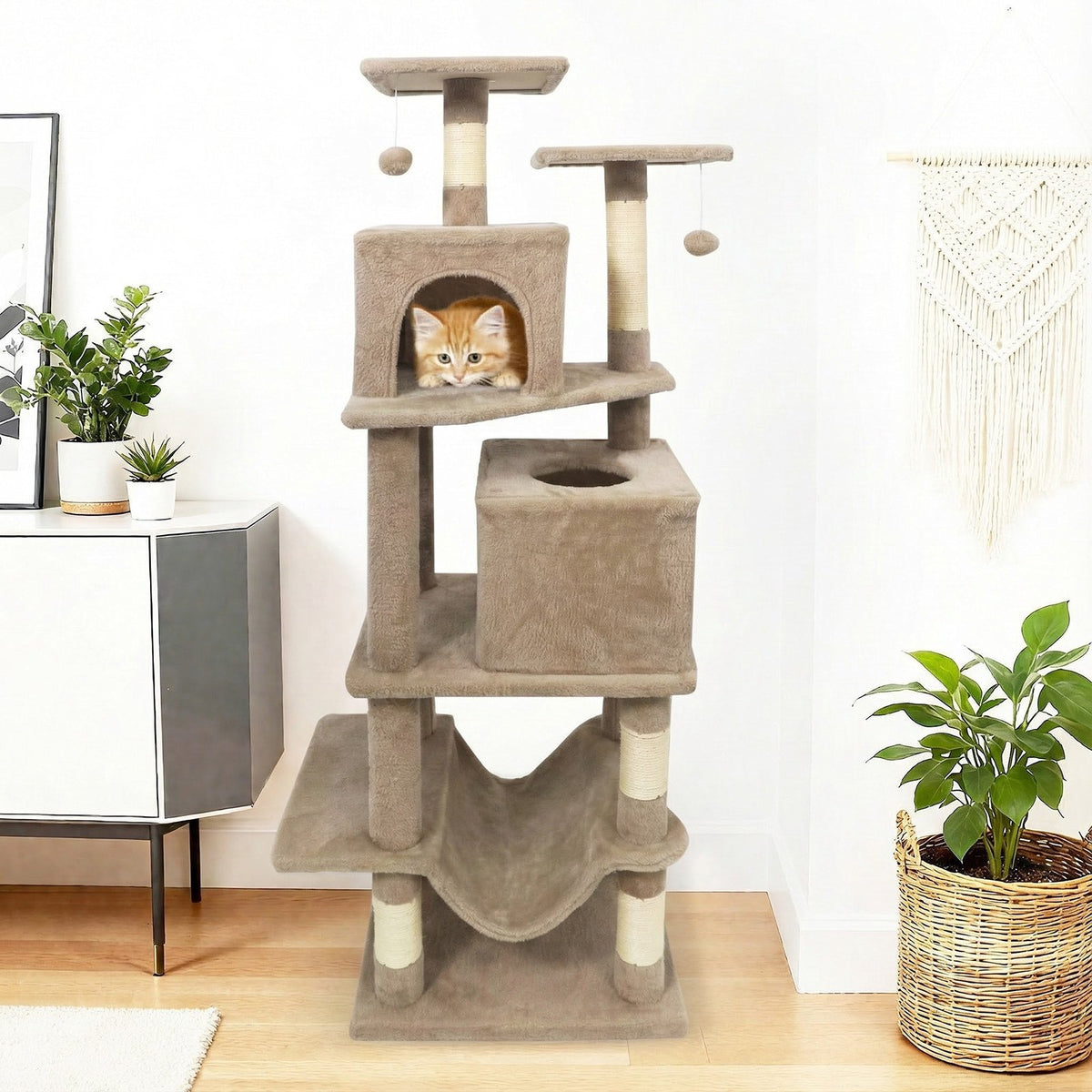 57 Inch Cat Tree with Dual Condos and Hammock and 2 Dangling Balls-Coffee view 3