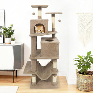 57 Inch Cat Tree with Dual Condos and Hammock and 2 Dangling Balls-Coffee view 3