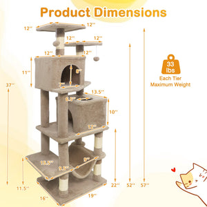 57 Inch Cat Tree with Dual Condos and Hammock and 2 Dangling Balls-Coffee view 5