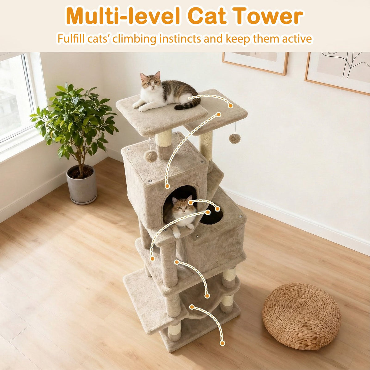 57 Inch Cat Tree with Dual Condos and Hammock and 2 Dangling Balls-Coffee view 6