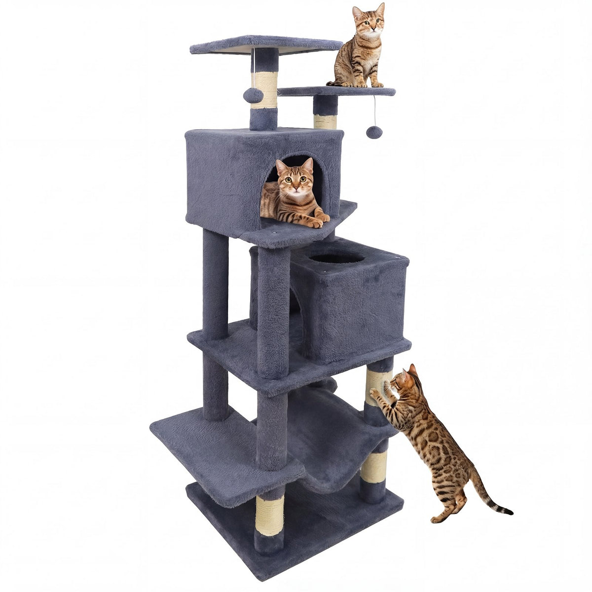 57 Inch Cat Tree with Dual Condos and Hammock and 2 Dangling Balls-Gray