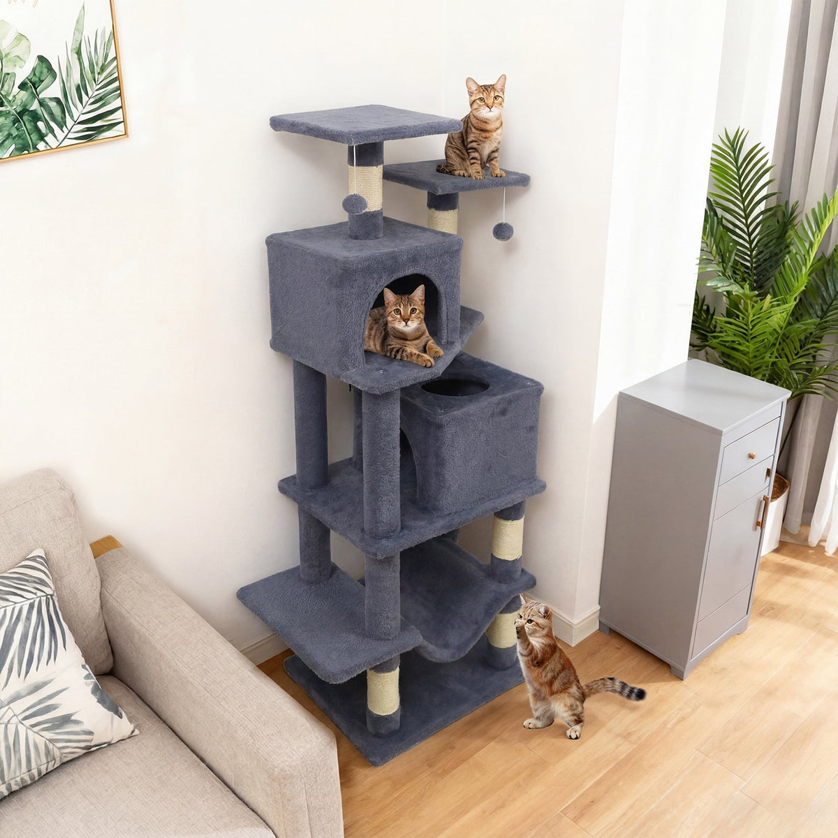 57 Inch Cat Tree with Dual Condos and Hammock and 2 Dangling Balls-Gray view 2
