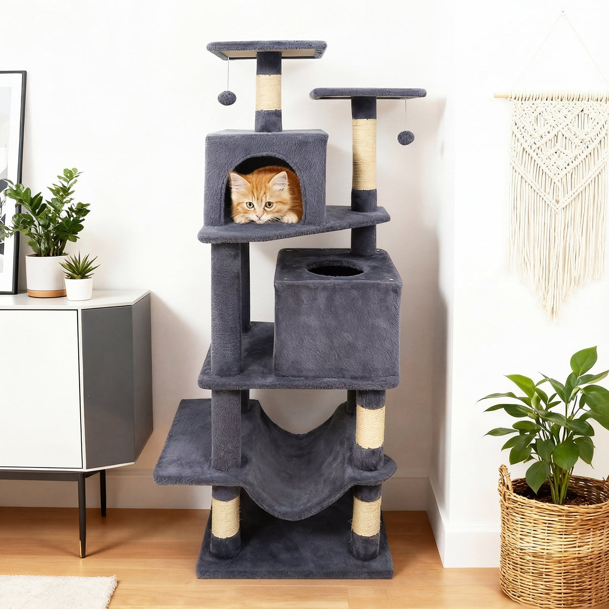 57 Inch Cat Tree with Dual Condos and Hammock and 2 Dangling Balls-Gray view 3