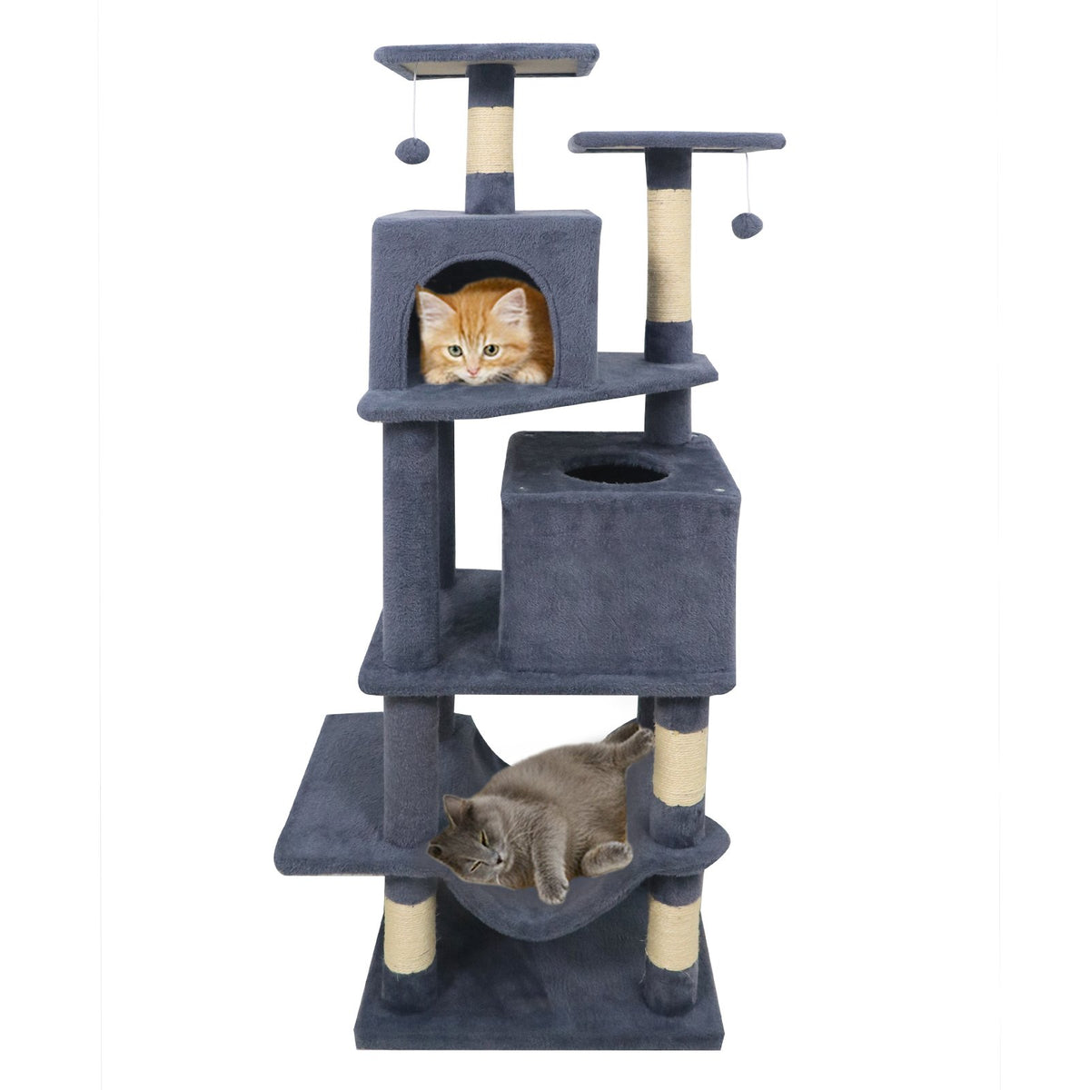 57 Inch Cat Tree with Dual Condos and Hammock and 2 Dangling Balls-Gray view 4