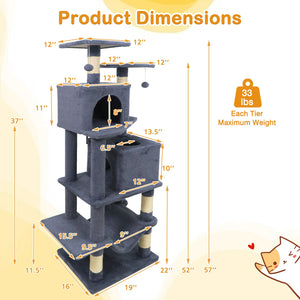 57 Inch Cat Tree with Dual Condos and Hammock and 2 Dangling Balls-Gray view 5
