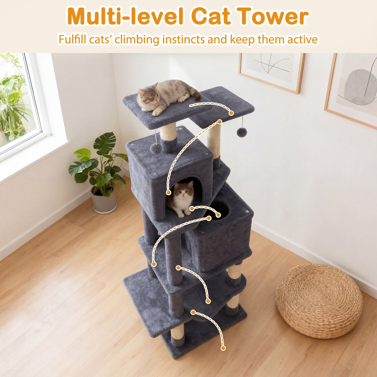 57 Inch Cat Tree with Dual Condos and Hammock and 2 Dangling Balls-Gray view 6