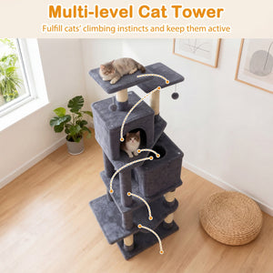 57 Inch Cat Tree with Dual Condos and Hammock and 2 Dangling Balls-Gray view 6
