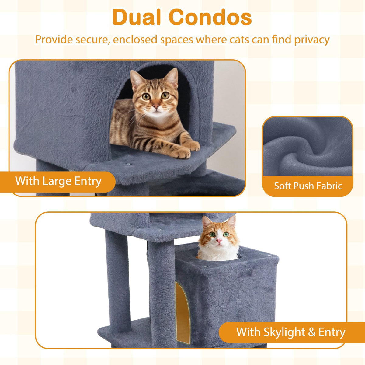 57 Inch Cat Tree with Dual Condos and Hammock and 2 Dangling Balls-Gray view 7