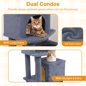 57 Inch Cat Tree with Dual Condos and Hammock and 2 Dangling Balls-Gray view 7