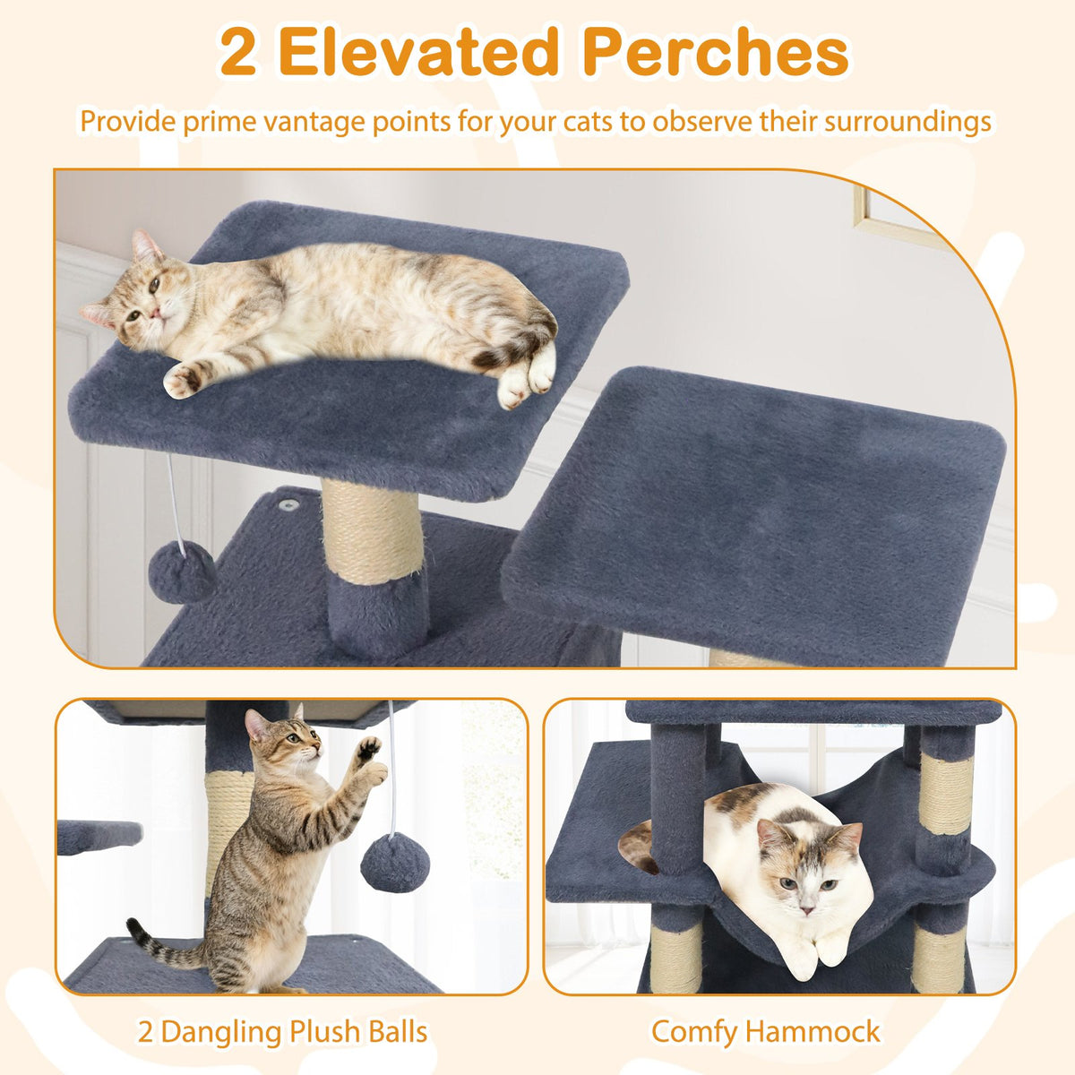 57 Inch Cat Tree with Dual Condos and Hammock and 2 Dangling Balls-Gray view 8