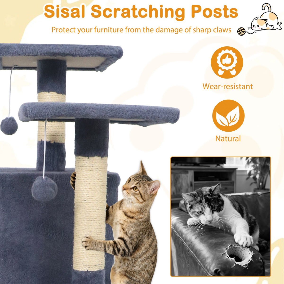 57 Inch Cat Tree with Dual Condos and Hammock and 2 Dangling Balls-Gray view 9