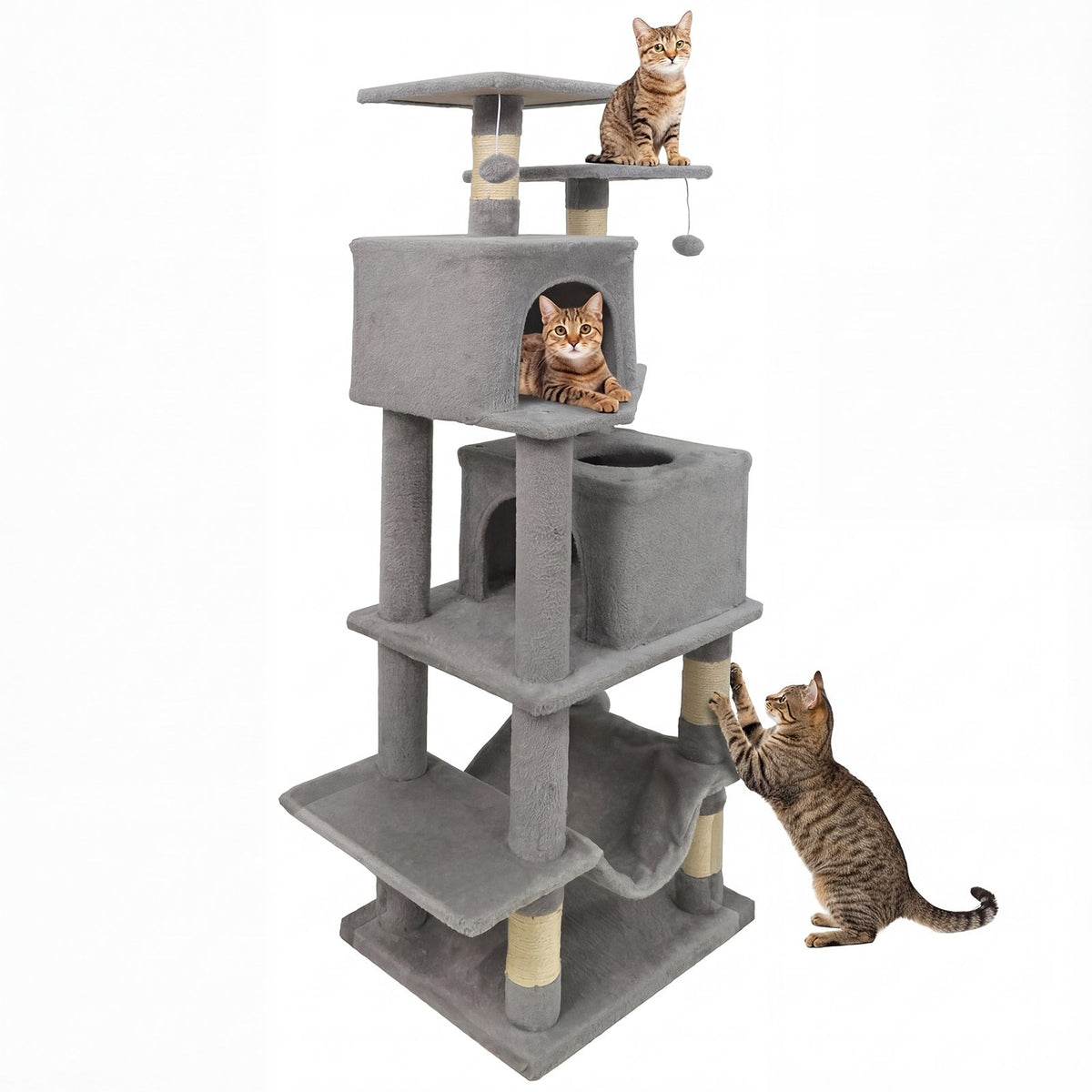 57 Inch Cat Tree with Dual Condos and Hammock and 2 Dangling Balls-Light Gray