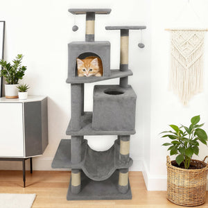 57 Inch Cat Tree with Dual Condos and Hammock and 2 Dangling Balls-Light Gray view 2