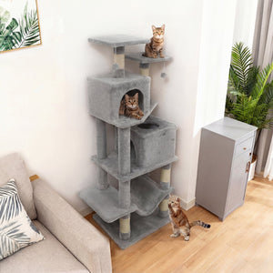 57 Inch Cat Tree with Dual Condos and Hammock and 2 Dangling Balls-Light Gray view 3