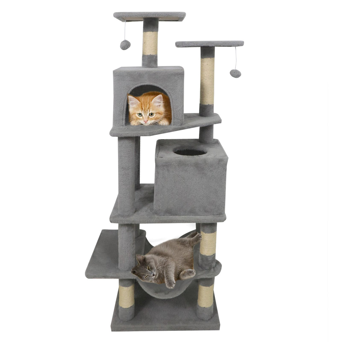57 Inch Cat Tree with Dual Condos and Hammock and 2 Dangling Balls-Light Gray view 4