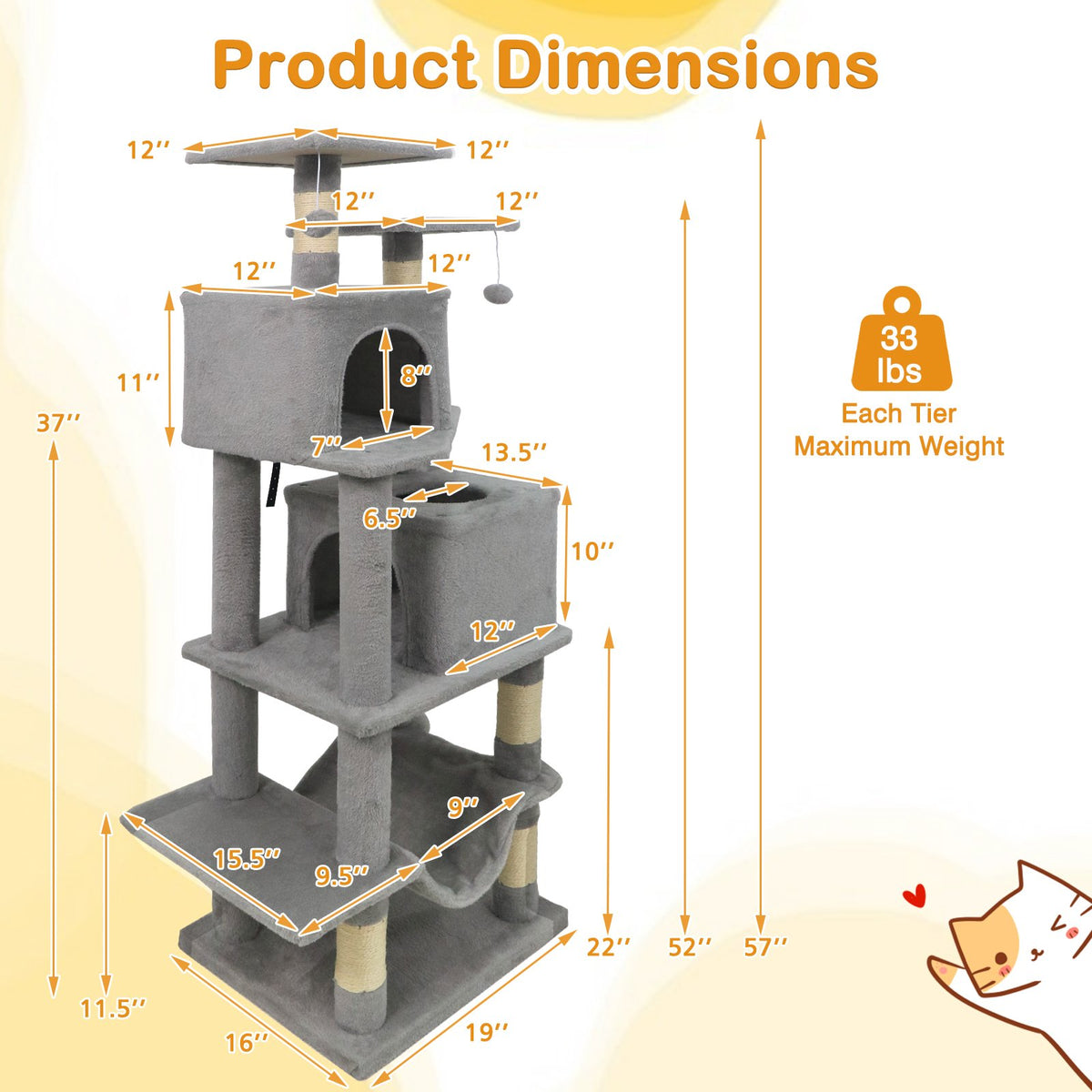 57 Inch Cat Tree with Dual Condos and Hammock and 2 Dangling Balls-Light Gray view 5