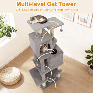 57 Inch Cat Tree with Dual Condos and Hammock and 2 Dangling Balls-Light Gray view 6