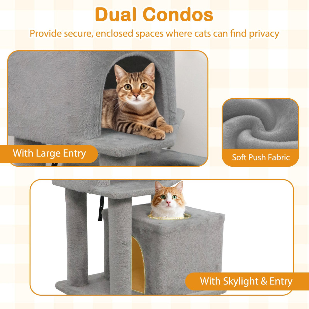 57 Inch Cat Tree with Dual Condos and Hammock and 2 Dangling Balls-Light Gray view 7
