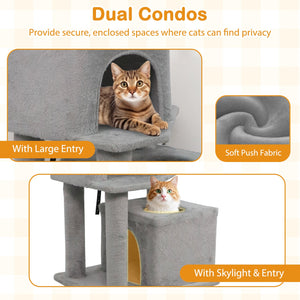 57 Inch Cat Tree with Dual Condos and Hammock and 2 Dangling Balls-Light Gray view 7