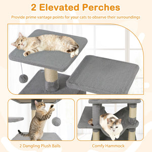 57 Inch Cat Tree with Dual Condos and Hammock and 2 Dangling Balls-Light Gray view 8