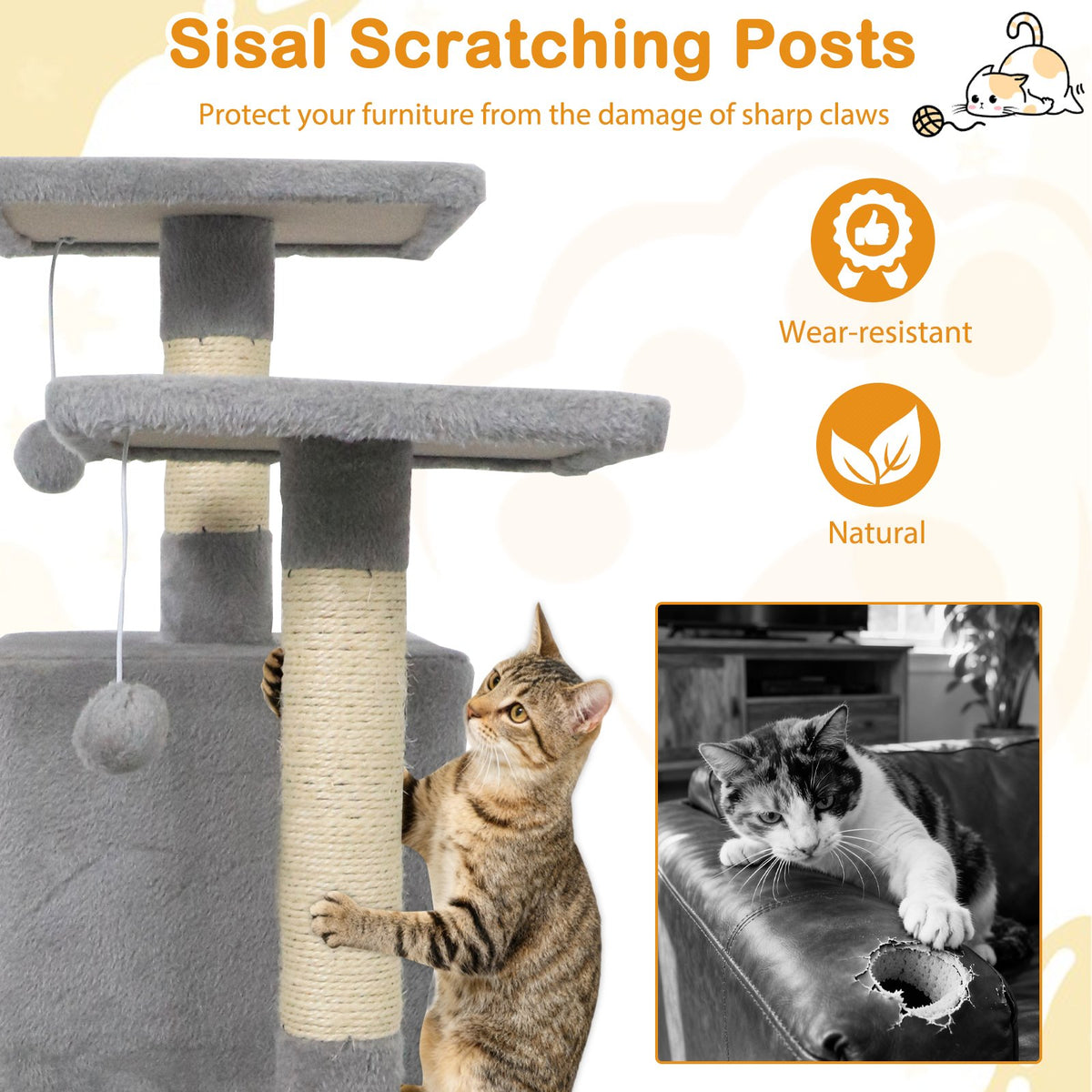 57 Inch Cat Tree with Dual Condos and Hammock and 2 Dangling Balls-Light Gray view 9