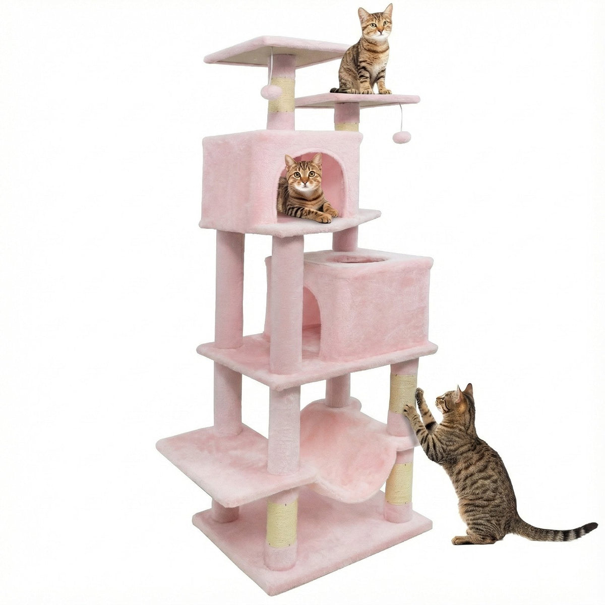 57 Inch Cat Tree with Dual Condos and Hammock and 2 Dangling Balls-Pink