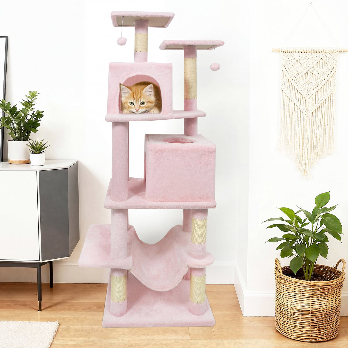 57 Inch Cat Tree with Dual Condos and Hammock and 2 Dangling Balls-Pink view 2