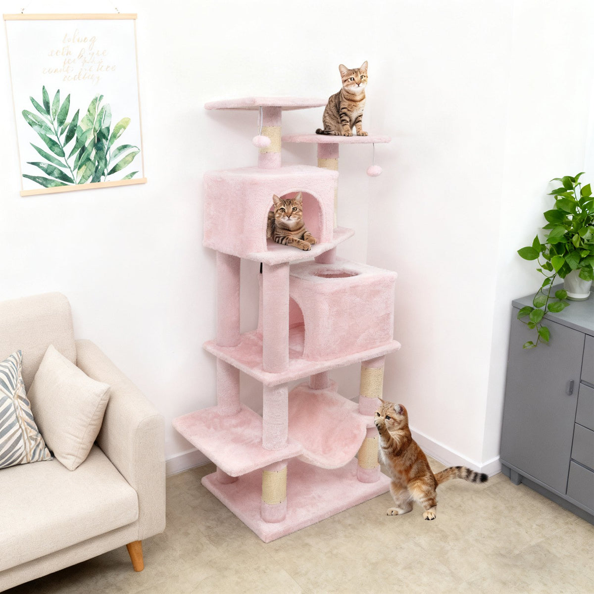 57 Inch Cat Tree with Dual Condos and Hammock and 2 Dangling Balls-Pink view 3