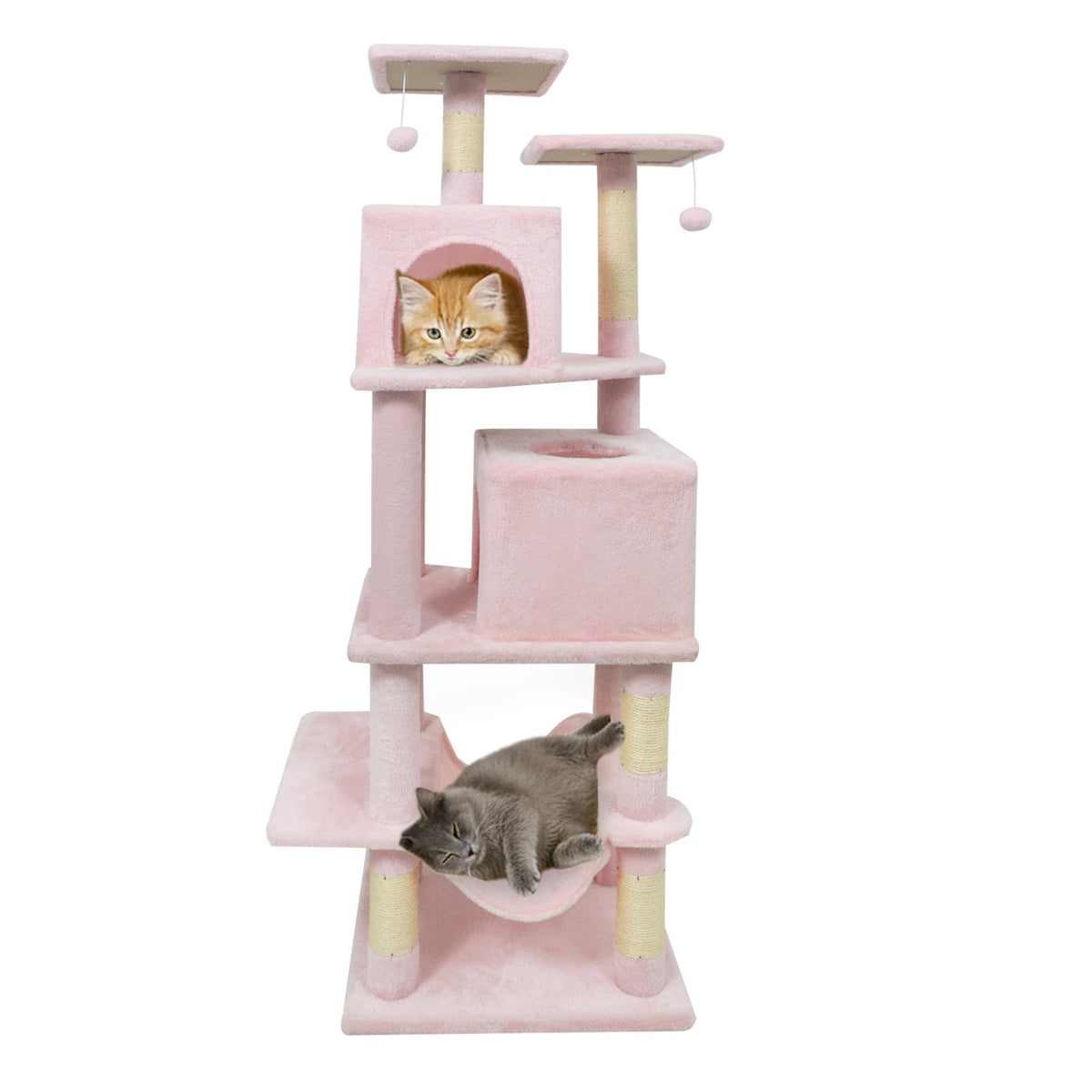 57 Inch Cat Tree with Dual Condos and Hammock and 2 Dangling Balls-Pink view 4
