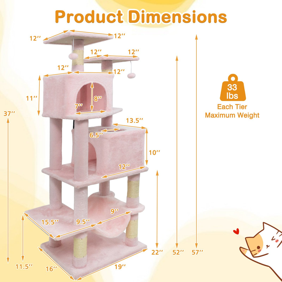 57 Inch Cat Tree with Dual Condos and Hammock and 2 Dangling Balls-Pink view 5
