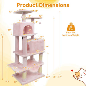 57 Inch Cat Tree with Dual Condos and Hammock and 2 Dangling Balls-Pink view 5