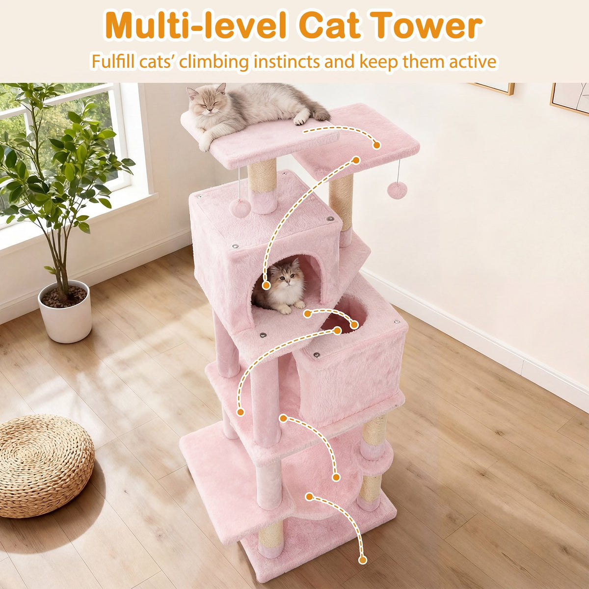 57 Inch Cat Tree with Dual Condos and Hammock and 2 Dangling Balls-Pink view 6