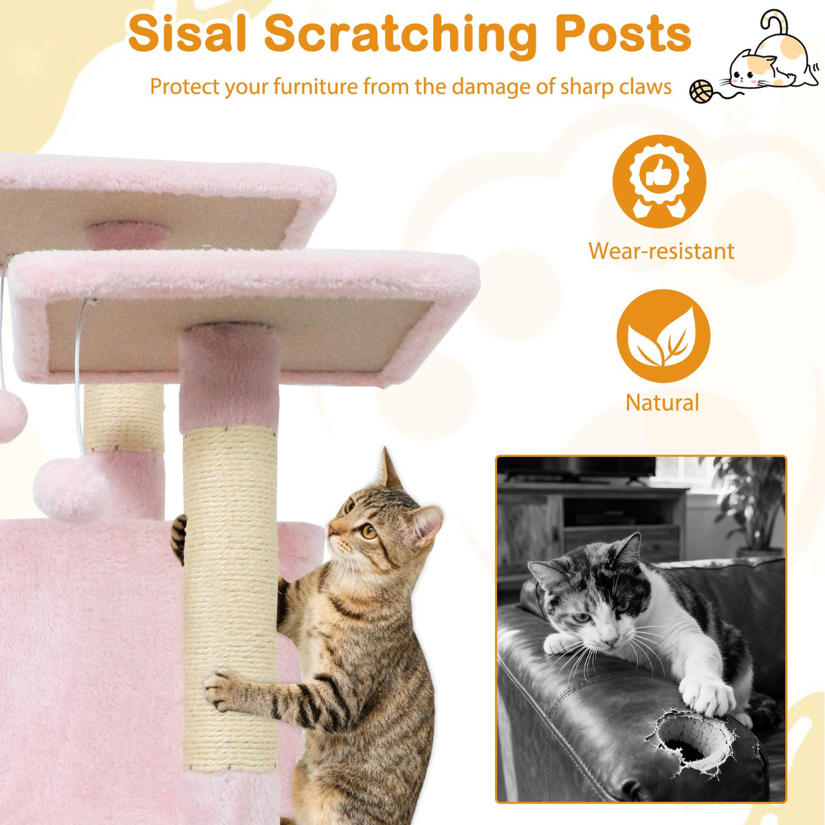 57 Inch Cat Tree with Dual Condos and Hammock and 2 Dangling Balls-Pink view 9