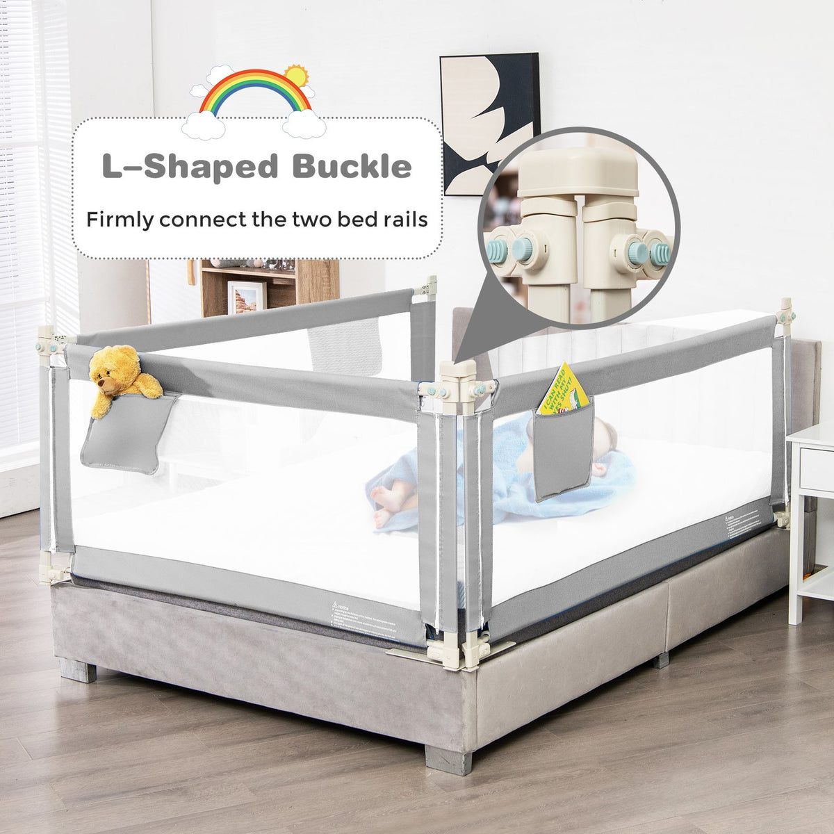 57 Inch Toddlers Vertical Lifting Baby Bed Rail Guard with Lock-Gray view 6
