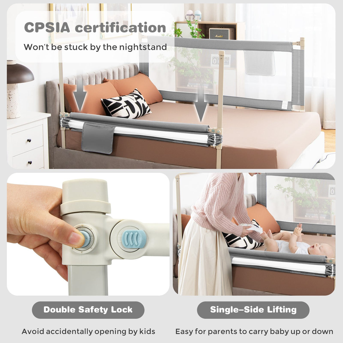 57 Inch Toddlers Vertical Lifting Baby Bed Rail Guard with Lock-Gray view 9