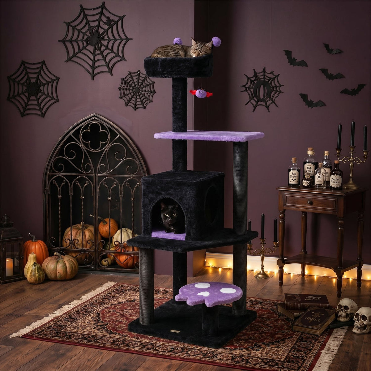 57 inches Spooky Cat Tower with Padded Perch and Spider-shaped Hanging Toy-Purple view 2