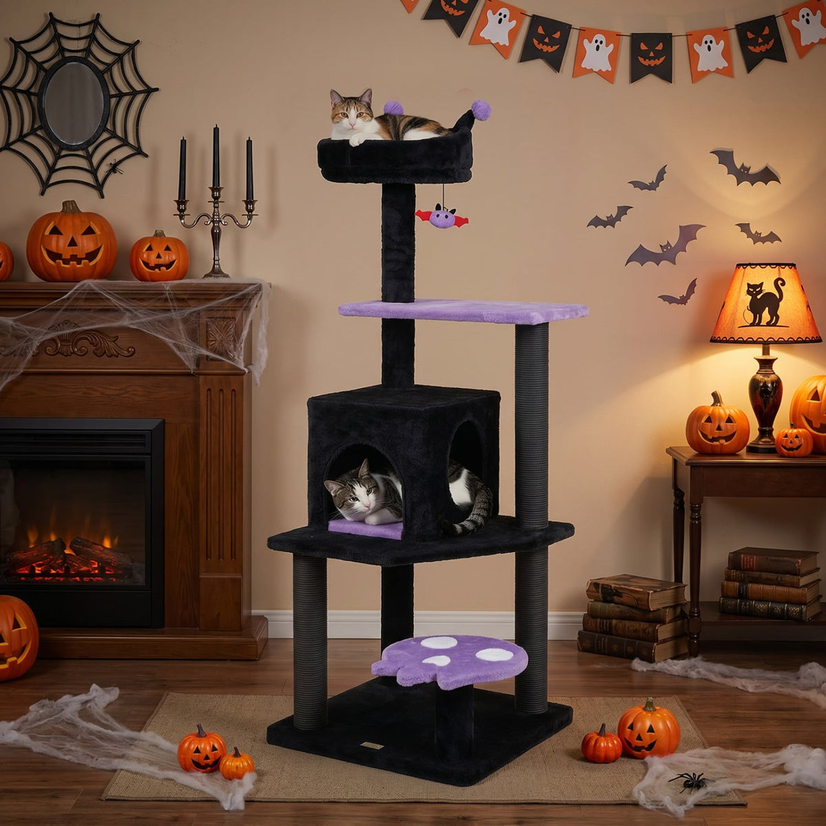 57 inches Spooky Cat Tower with Padded Perch and Spider-shaped Hanging Toy-Purple view 3