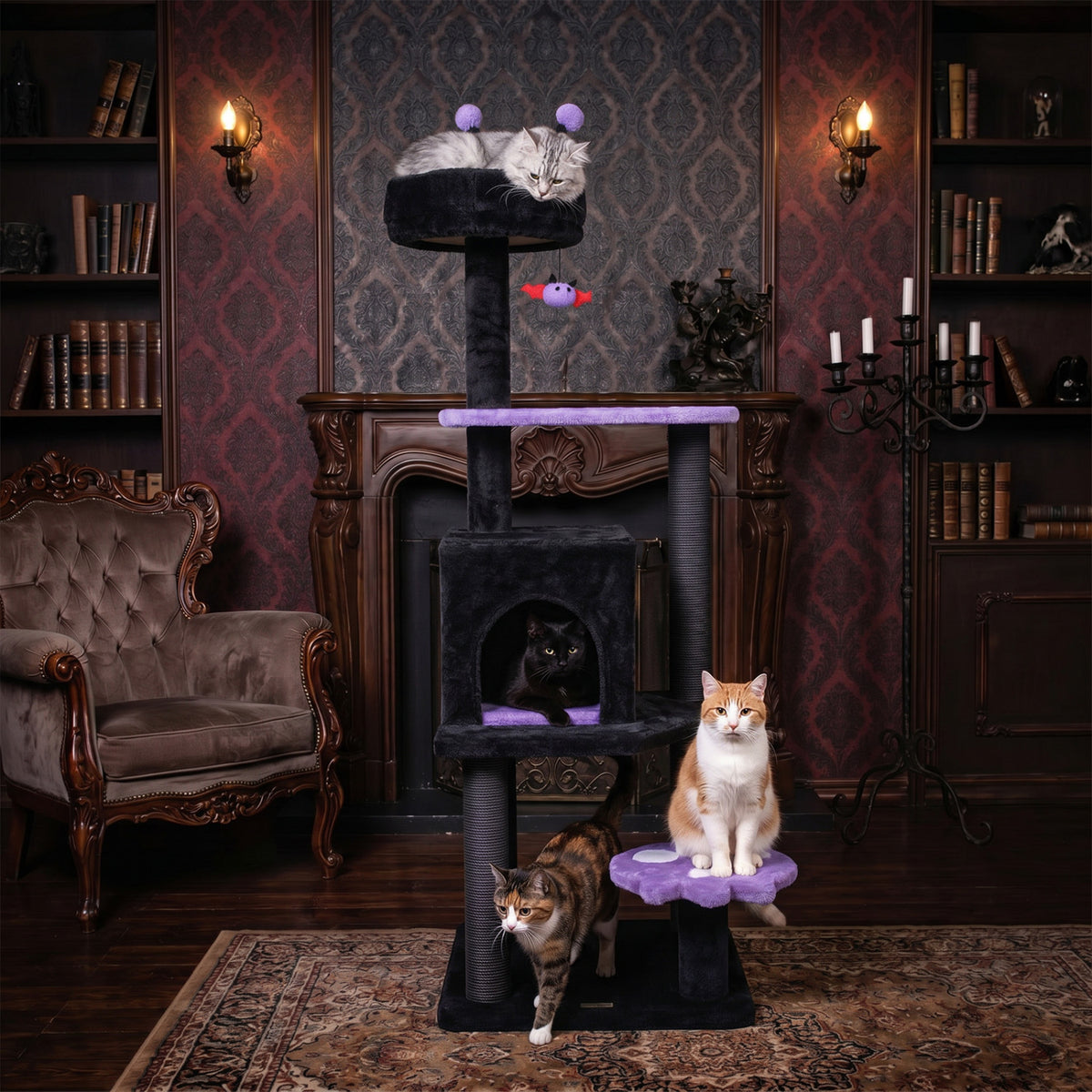 57 inches Spooky Cat Tower with Padded Perch and Spider-shaped Hanging Toy-Purple view 6