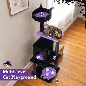 57 inches Spooky Cat Tower with Padded Perch and Spider-shaped Hanging Toy-Purple view 7