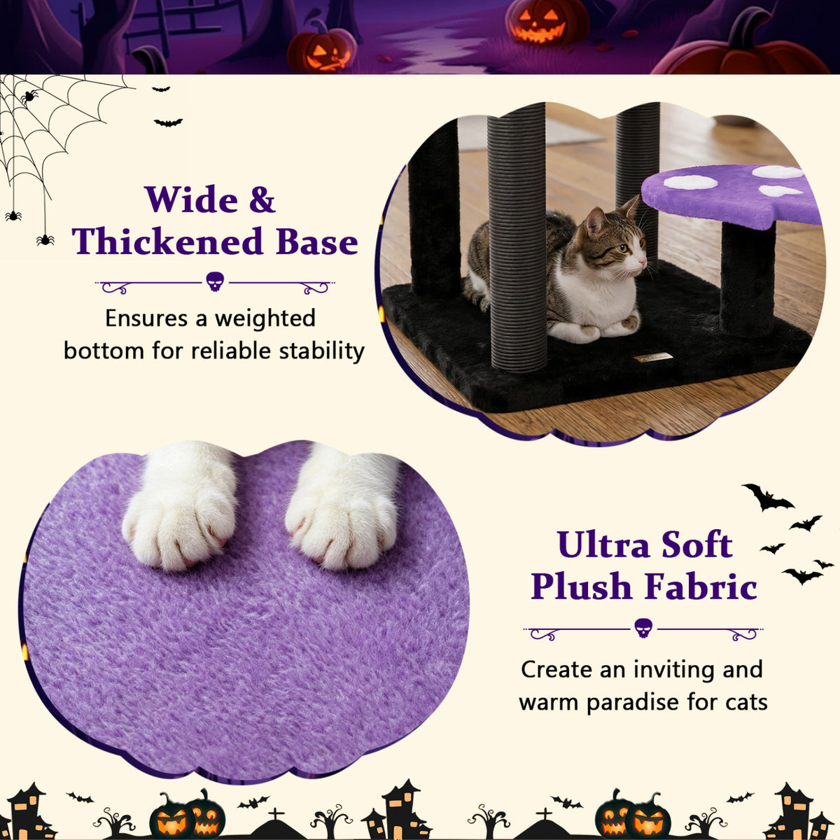 57 inches Spooky Cat Tower with Padded Perch and Spider-shaped Hanging Toy-Purple view 8