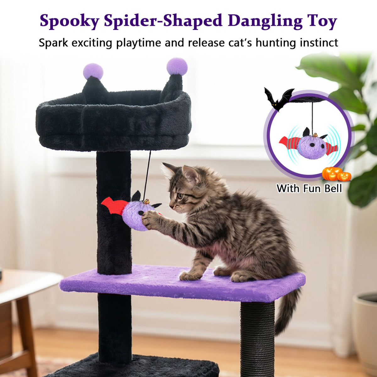 57 inches Spooky Cat Tower with Padded Perch and Spider-shaped Hanging Toy-Purple view 9