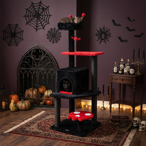 57 inches Spooky Cat Tower with Padded Perch and Spider-shaped Hanging Toy-Red view 2