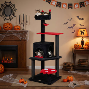 57 inches Spooky Cat Tower with Padded Perch and Spider-shaped Hanging Toy-Red view 3