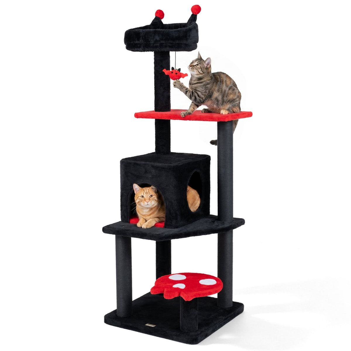 57 inches Spooky Cat Tower with Padded Perch and Spider-shaped Hanging Toy-Red