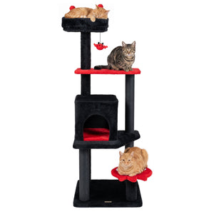 57 inches Spooky Cat Tower with Padded Perch and Spider-shaped Hanging Toy-Red view 4