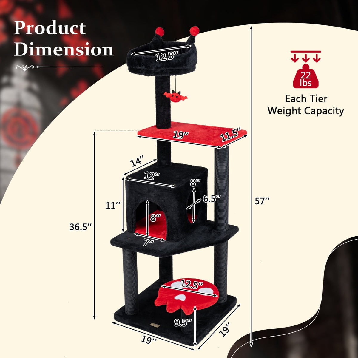 57 inches Spooky Cat Tower with Padded Perch and Spider-shaped Hanging Toy-Red view 5